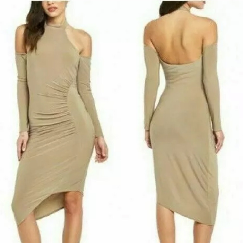 Lipsy Bodycon Halterneck Cold Shoulder Midi Asymmetric Dress Size 12 Nude - Picture 1 of 1